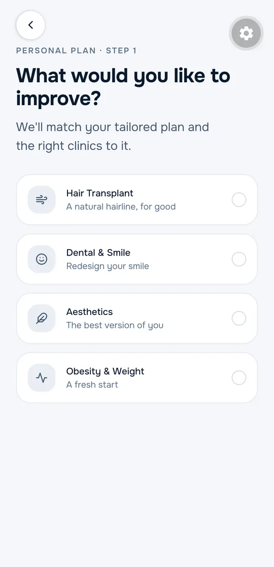 DoctorVi app personal plan screen: what would you like to improve — hair transplant, dental and smile, aesthetics, obesity and weight.